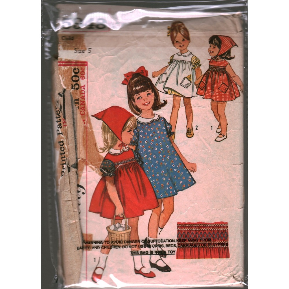 Vintage Simplicity 5948 Child Size 5 Dress Pinafore Scarf Smocking Pattern 1960s